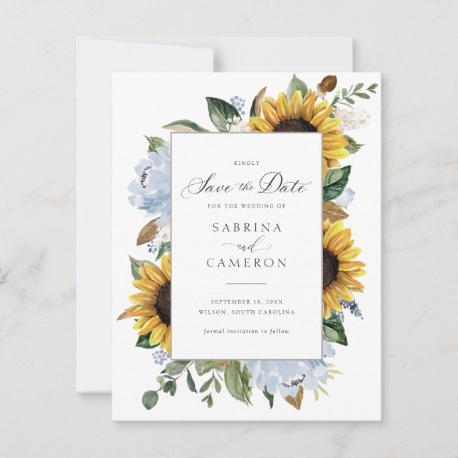 Sunflowers Dusty Blue Flowers Elegant Wedding Invitation (Front)