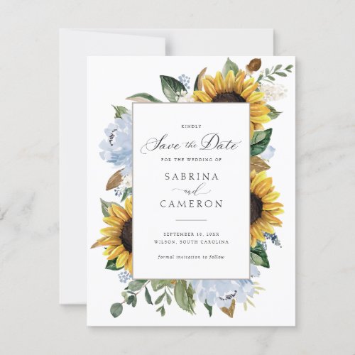 Sunflowers Dusty Blue Flowers Elegant Wedding Invitation