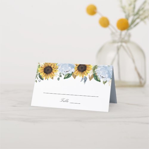 Sunflowers Dusty Blue Flowers Elegant Wedding Place Card