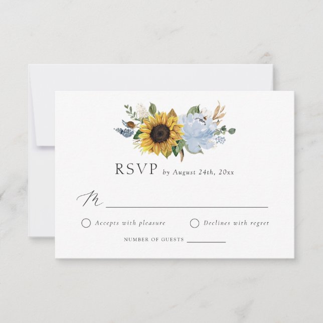 Sunflowers Dusty Blue Flowers Rustic Wedding RSVP Invitation (Front)