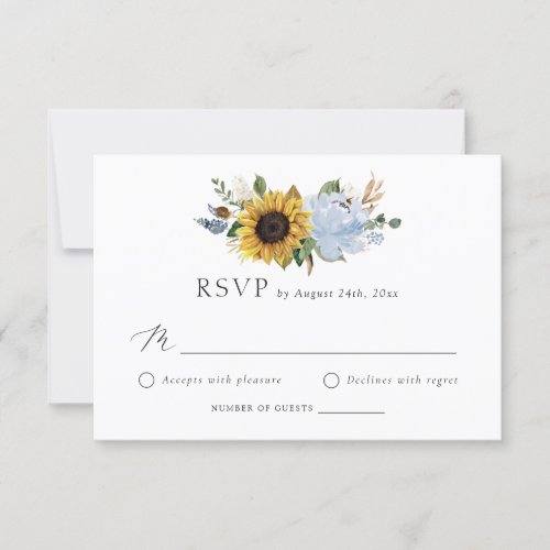 Sunflowers Dusty Blue Flowers Rustic Wedding RSVP Invitation