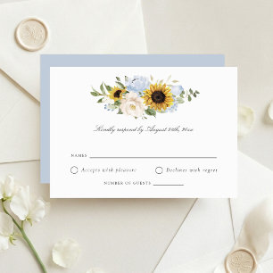 Sunflowers Dusty Blue Flowers Rustic Wedding RSVP Invitation