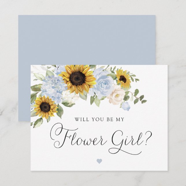 Sunflowers Dusty Blue Greenery Flower Girl Wedding Invitation (Front/Back)