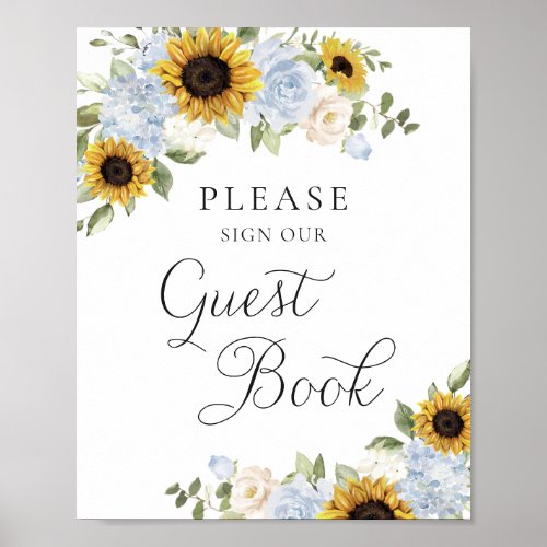 Sunflowers Dusty Blue Greenery Wedding Guest Book