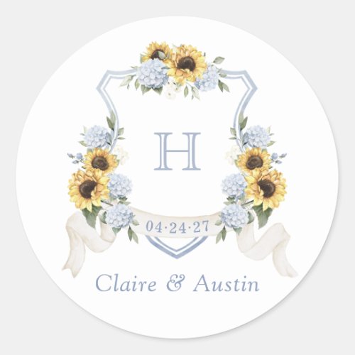 Sunflowers Dusty Blue Hydrangea Crest Envelope Classic Round Sticker