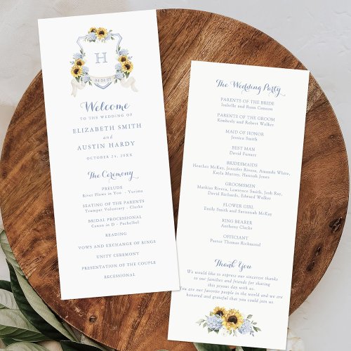 Sunflowers Dusty Blue Hydrangea Crest Wedding Program