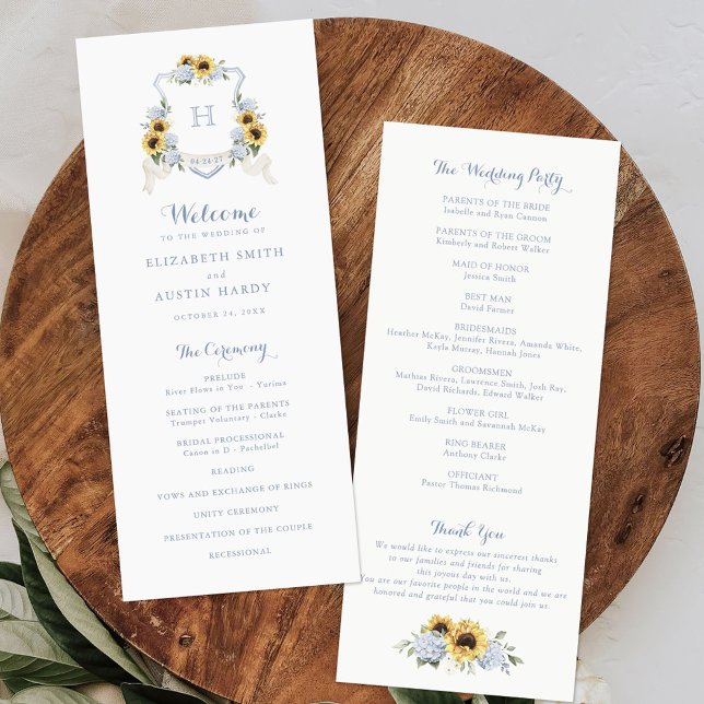 Sunflowers Dusty Blue Hydrangea Crest Wedding Program (Creator Uploaded)