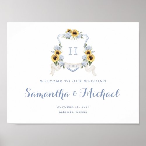 Sunflowers Dusty Blue Hydrangea Crest Welcome Sign