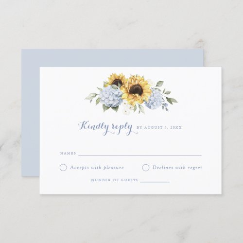 Sunflowers Dusty Blue Hydrangea Wedding RSVP Invitation