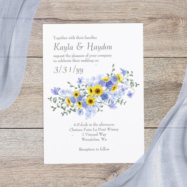 Sunflowers Dusty Blue Rose Bouquet Wedding Invitation (yellow sunflowers and dusty blue roses wedding invitations, sunflower bouquet)