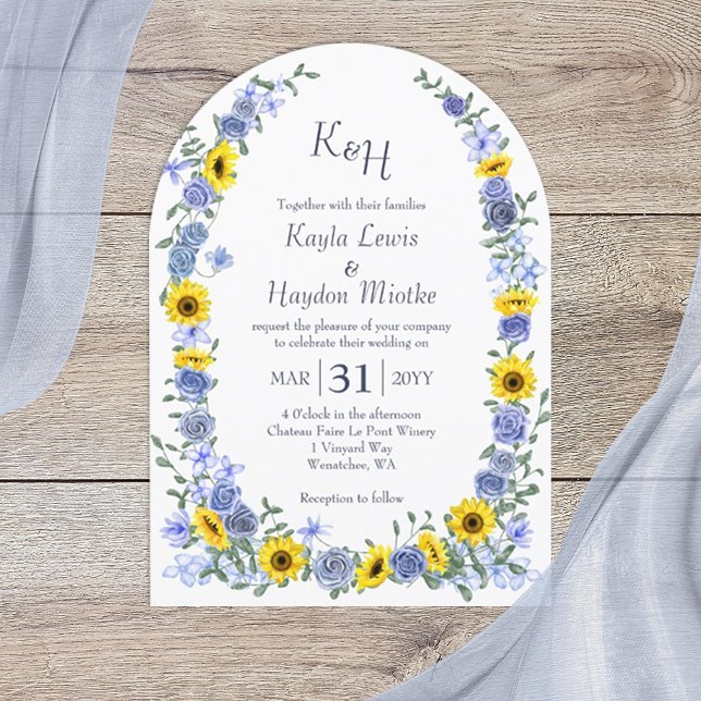 Sunflowers Dusty Blue Rose Garden Wedding Arches Invitation (arched dusty blue roses and yellow sunflowers wedding invitations, blue monogram, elegant script)