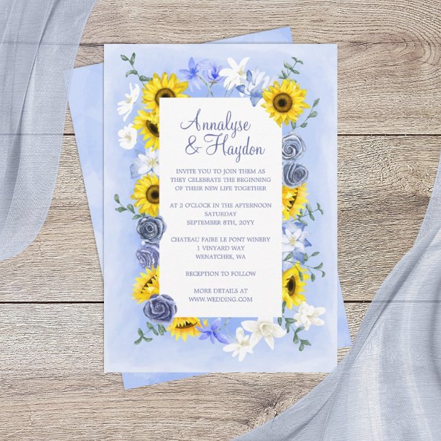 Sunflowers Dusty Blue Roses Wedding Invitation (sunflowers and dusty blue rose wedding invitations, yellow gold sunflowers wedding theme)