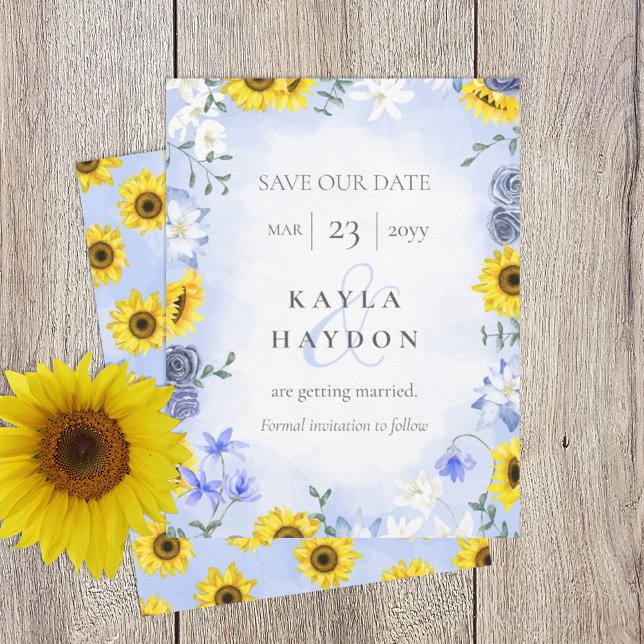 Sunflowers, Dusty Blue Roses Wedding Save the Date Invitation (sunflowers and dusty blue rose wedding save the date card, yellow gold light blue)
