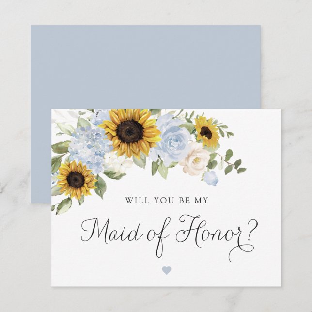 Sunflowers Dusty Blue Wedding Maid of Honor Card (Front/Back)