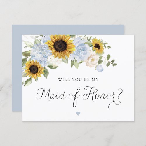 Sunflowers Dusty Blue Wedding Maid of Honor Card