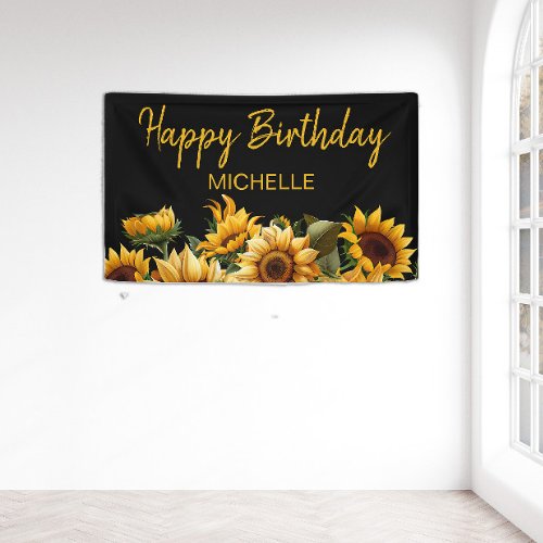 Sunflowers Elegant Black Happy Birthday Name Banner