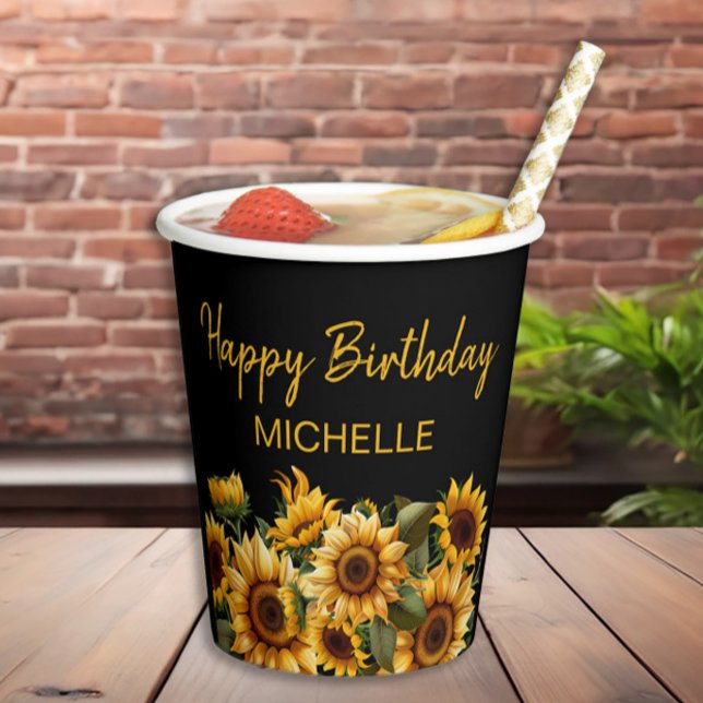 Sunflowers Elegant Black Happy Birthday Name Paper Cups (Sunflowers on black birthday party paper cup customizable with your own text.)