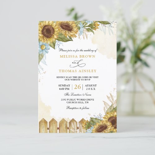 Sunflowers Elegant Rustic Budget QR Code Wedding Invitation