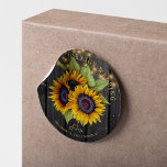Sunflowers elegant rustic wood lights wedding classic round sticker<br><div class="desc">Editable text favor sticker featuring a rustic big beautiful sunflowers bouquet on a dark brown barn wood background with string lights. Ideal for your summer or autumn fall elegant rustic country outdoor backyard or farmhouse wedding.         Personalize it with the bride's and groom's names and wedding details!</div>