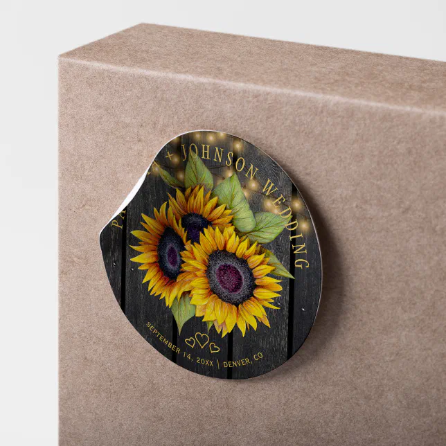 Sunflowers elegant rustic wood lights wedding classic round sticker ...