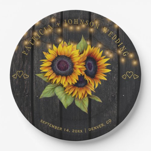 Sunflowers elegant rustic wood lights wedding paper plates