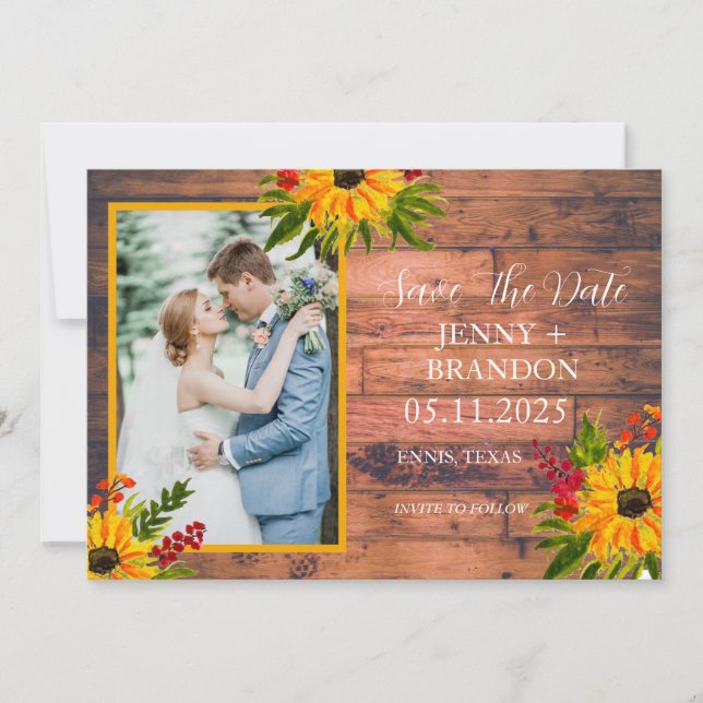 Sunflowers Elegant Rustic Yellow Floral Photo  Save The Date (Front)