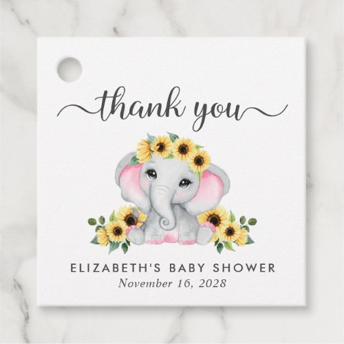 Sunflowers Elephant Baby Girl Shower Thank You Favor Tags