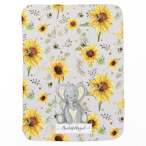 Sunflowers Elephant Bees Grey Yellow Script Name Baby Blanket