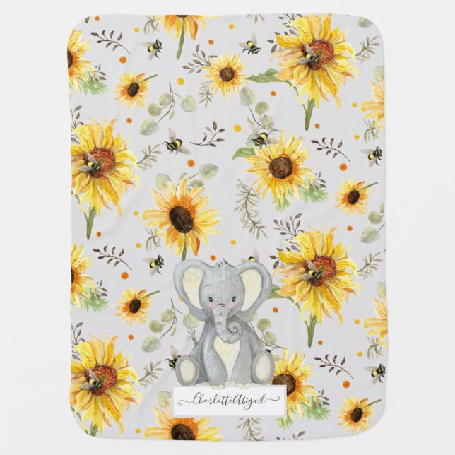 Sunflowers Elephant Bees Grey Yellow Script Name Baby Blanket (Front)