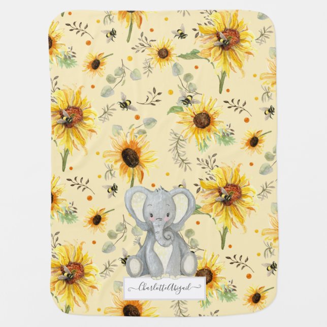 Sunflowers Elephant Bees Grey Yellow Script Name Baby Blanket (Front)