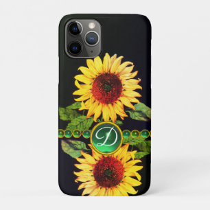 SUNFLOWERS,EMERALD GREEN GEMSTONES FLORAL MONOGRAM iPhone 11 PRO CASE