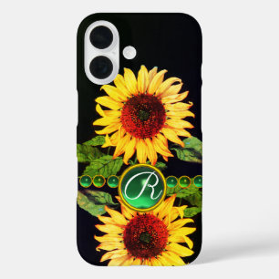 SUNFLOWERS,EMERALD GREEN GEMSTONES FLORAL MONOGRAM iPhone 16 CASE