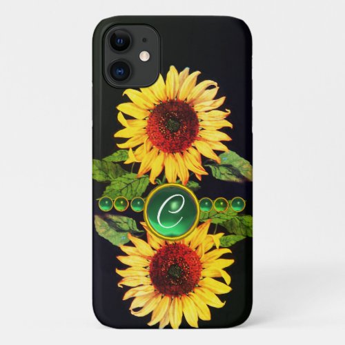 SUNFLOWERSEMERALD GREEN GEMSTONES FLORAL MONOGRAM iPhone 11 CASE