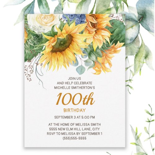 Sunflowers Eucalyptus 100th Birthday Postcard