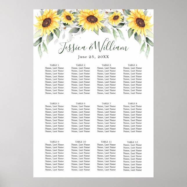 Sunflowers Eucalyptus 12 Tables SEATING CHART (Front)