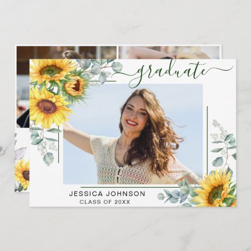 Sunflowers Eucalyptus 3 PHOTO Graduation Party Invitation