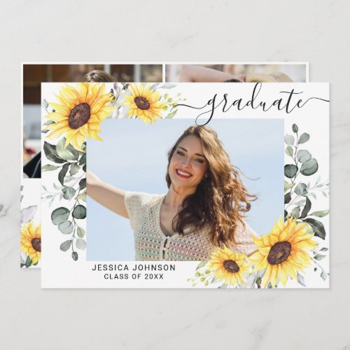 Sunflowers Eucalyptus 3 PHOTO Graduation Party Invitation