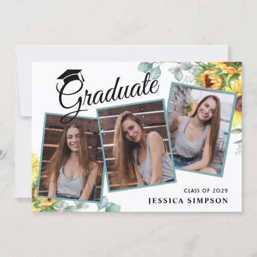 Sunflowers Eucalyptus 3 PHOTO Graduation Party Invitation