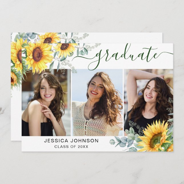 Sunflowers Eucalyptus 3 PHOTO Graduation Party Invitation (Front/Back)