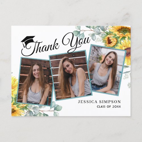 Sunflowers Eucalyptus 3 PHOTO Graduation Thank You Announcement Postcard