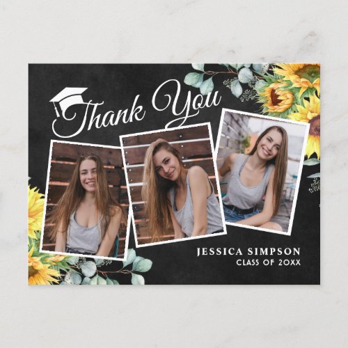 Sunflowers Eucalyptus 3 PHOTO Graduation Thank You Announcement Postcard