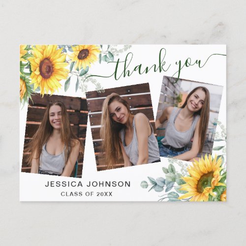 Sunflowers Eucalyptus 3 PHOTO Graduation Thank You Postcard