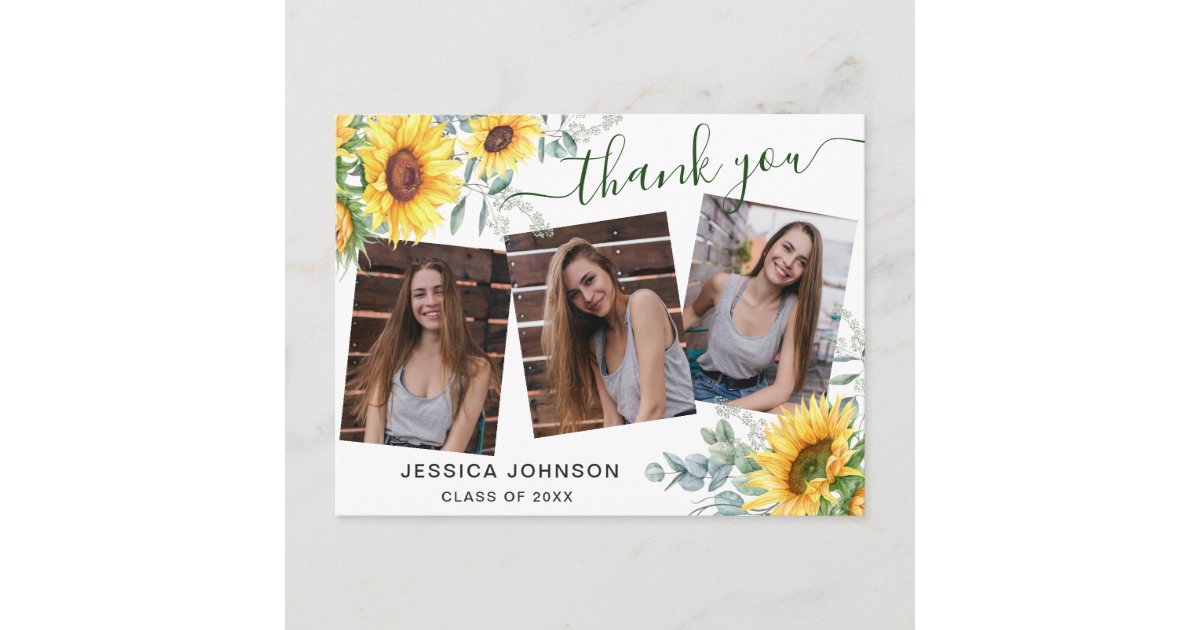 Sunflowers Eucalyptus 3 PHOTO Graduation Thank You Postcard | Zazzle