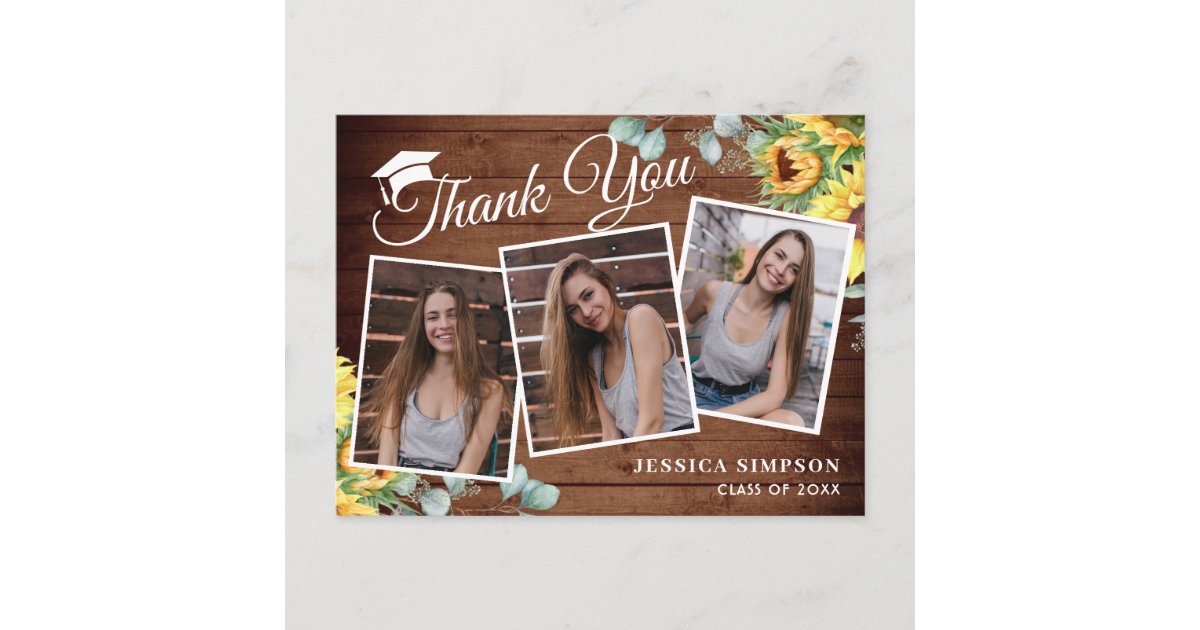 Sunflowers Eucalyptus 3 PHOTO Graduation Thank You Postcard | Zazzle