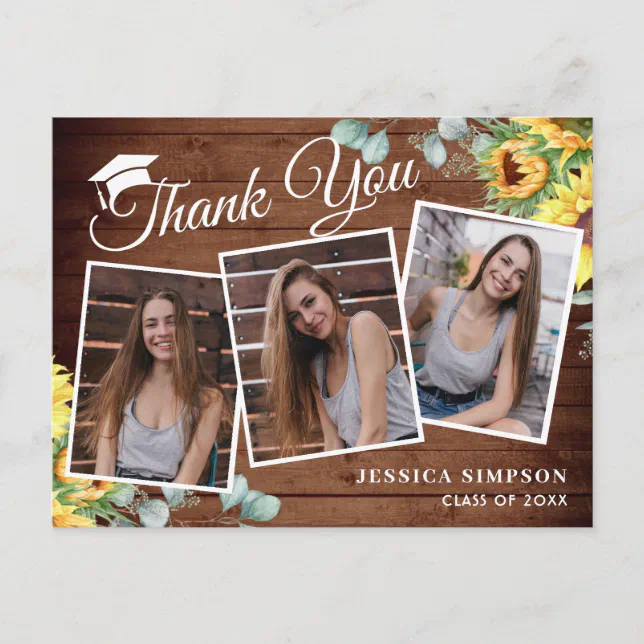 Sunflowers Eucalyptus 3 PHOTO Graduation Thank You Postcard | Zazzle
