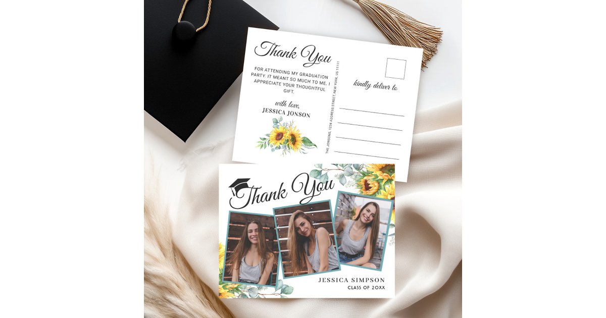 Sunflowers Eucalyptus 3 PHOTO Graduation Thank You Postcard | Zazzle