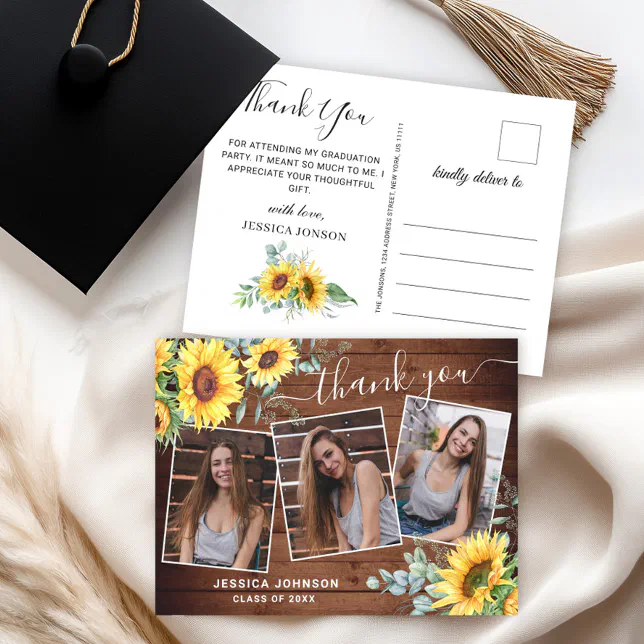 Sunflowers Eucalyptus 3 PHOTO Graduation Thank You Postcard | Zazzle