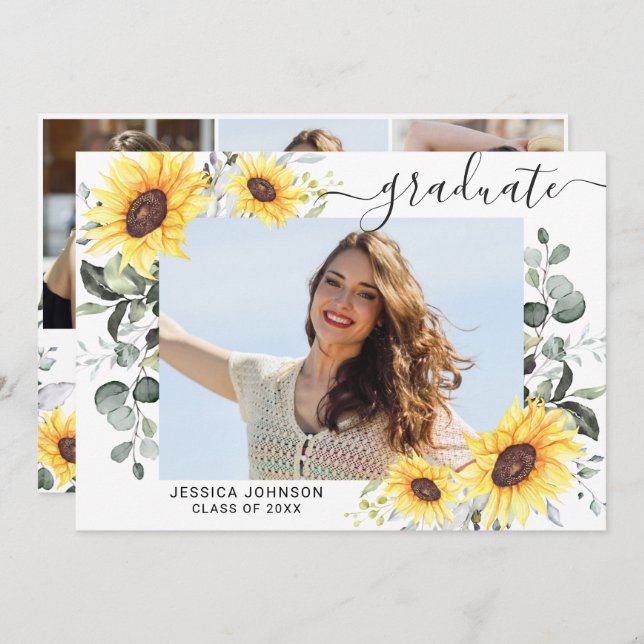 Sunflowers Eucalyptus 4 PHOTO Graduation Party Invitation (Front/Back)