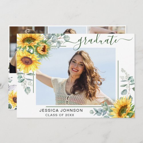 Sunflowers Eucalyptus 4 PHOTO Graduation Party Invitation