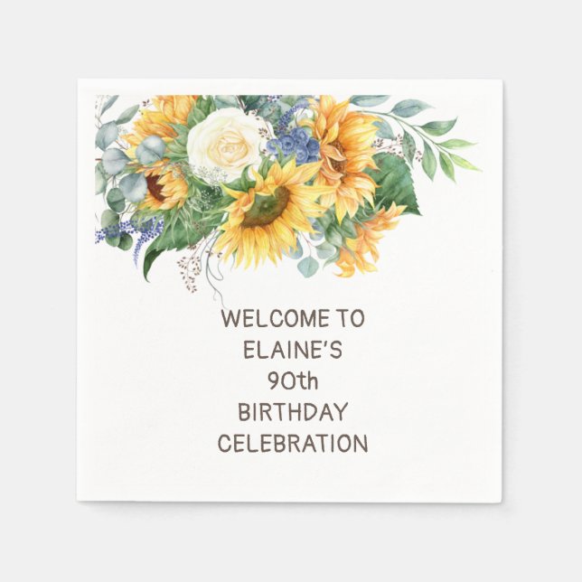 Sunflowers Eucalyptus 90th Birthday Napkins (Front)